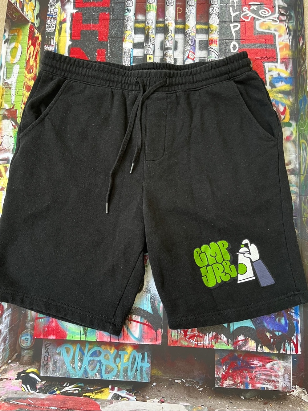 Empyre Black Drawstring Shorts with Green & White Graffiti Graphic